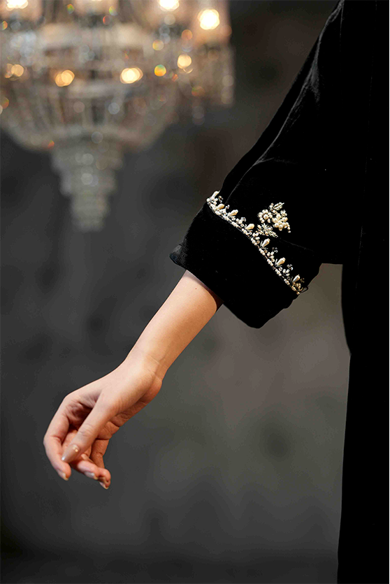 Pakistani Black Embroidered Ramon Silk & Velvet Salwar Kameez (2-Piece) - Image 1