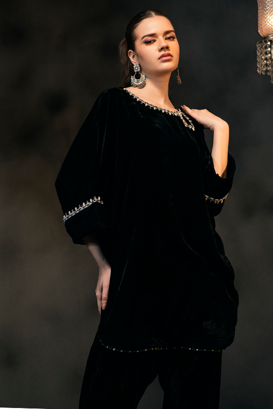 Pakistani Black Embroidered Ramon Silk & Velvet Salwar Kameez (2-Piece) - Image 3