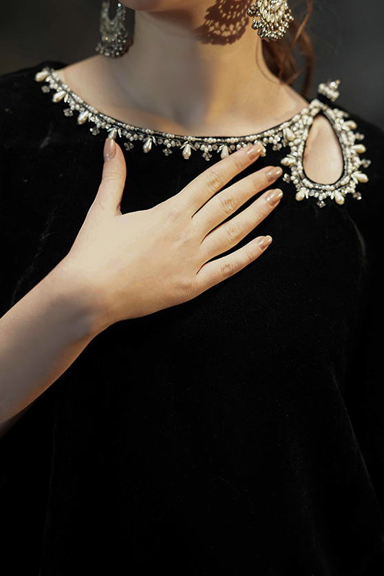 Pakistani Black Embroidered Ramon Silk & Velvet Salwar Kameez (2-Piece) - Image 4