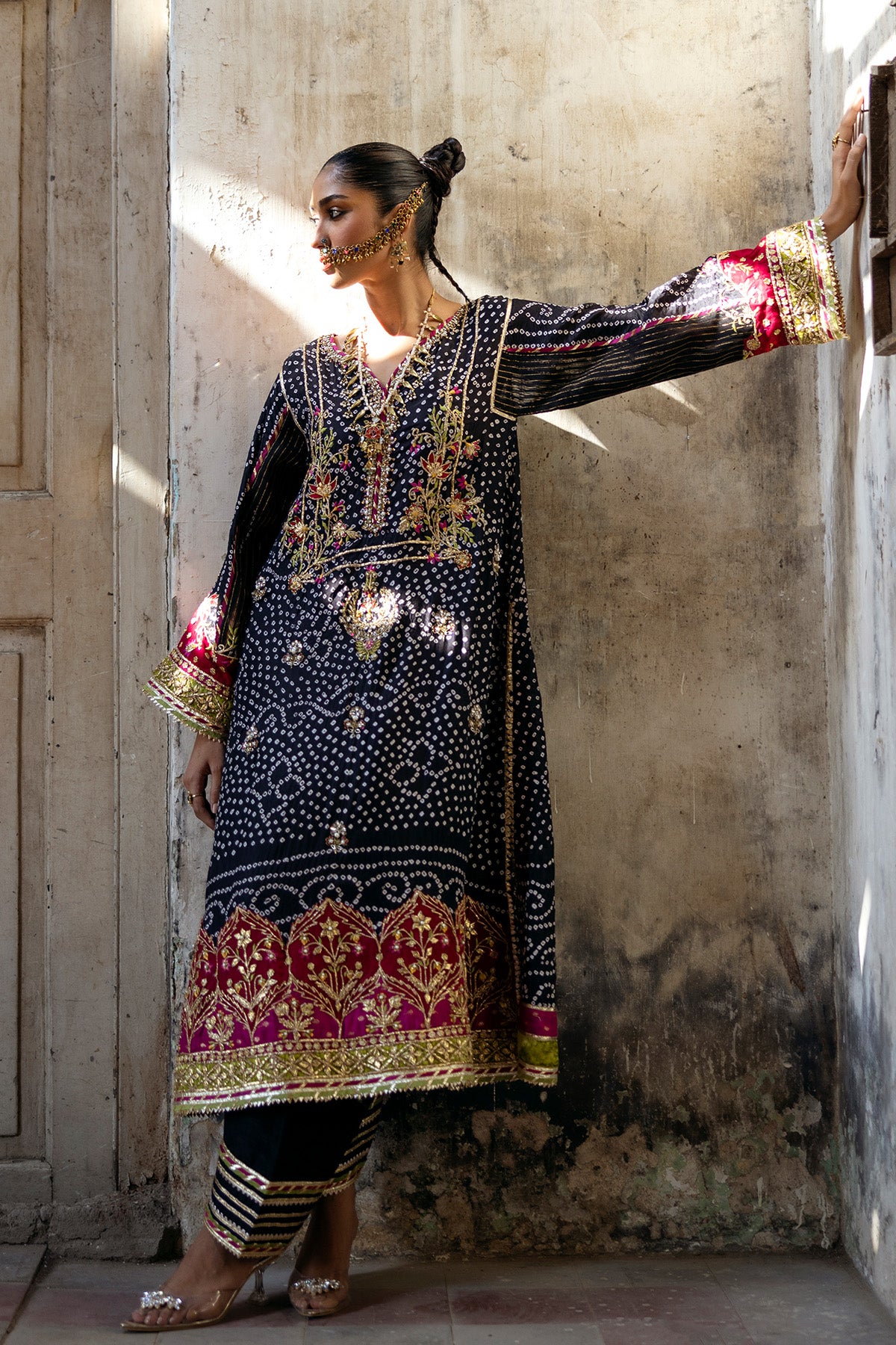 Pakistani Midnight Black Zardozi Silk Salwar Kameez (2-Piece) - Image 1