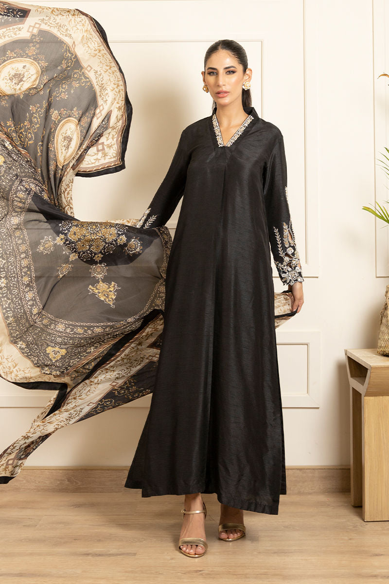 Black Zardozi Silk Long Shirt (2-Piece) - Image 1