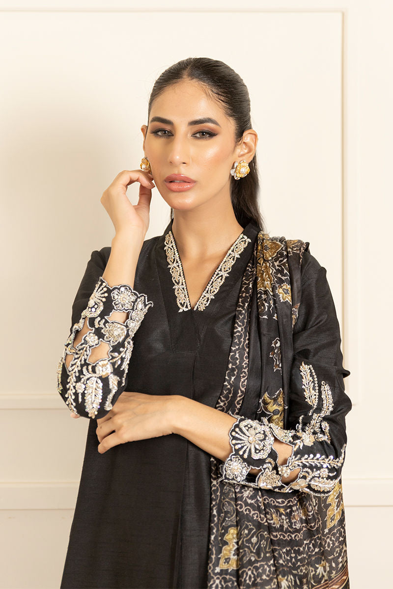 Black Zardozi Silk Long Shirt (2-Piece) - Image 2