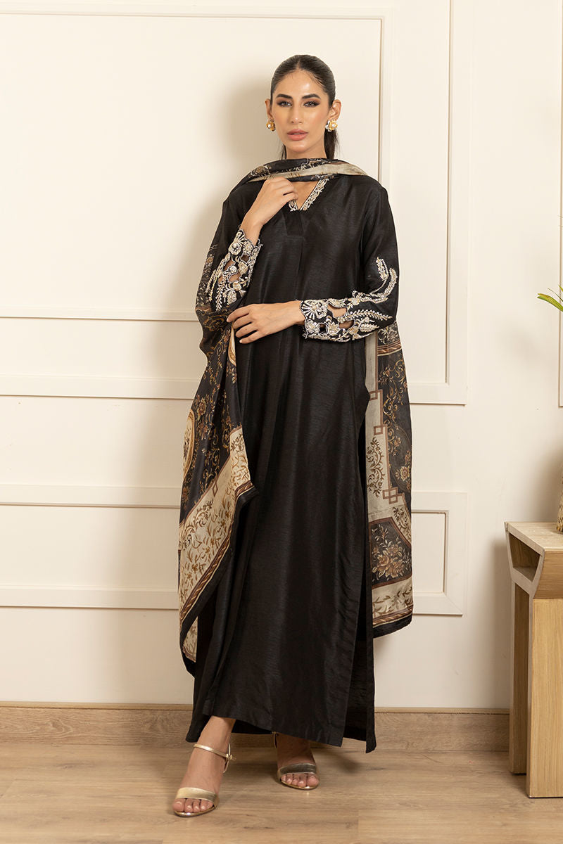 Black Zardozi Silk Long Shirt (2-Piece) - Image 3
