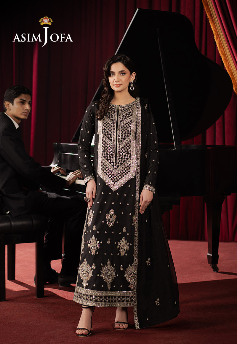 Pakistani Black Embroidered Silk & Chiffon 3-Piece Suit - Image 1