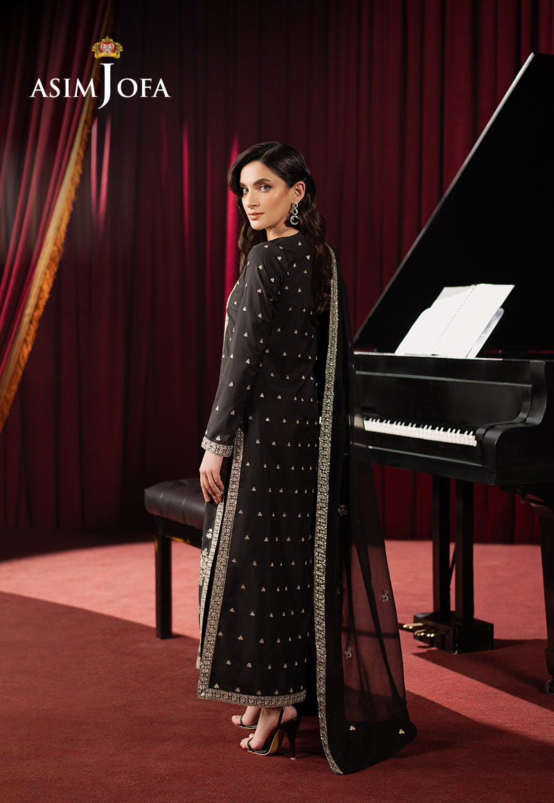 Pakistani Black Embroidered Silk & Chiffon 3-Piece Suit - Image 2