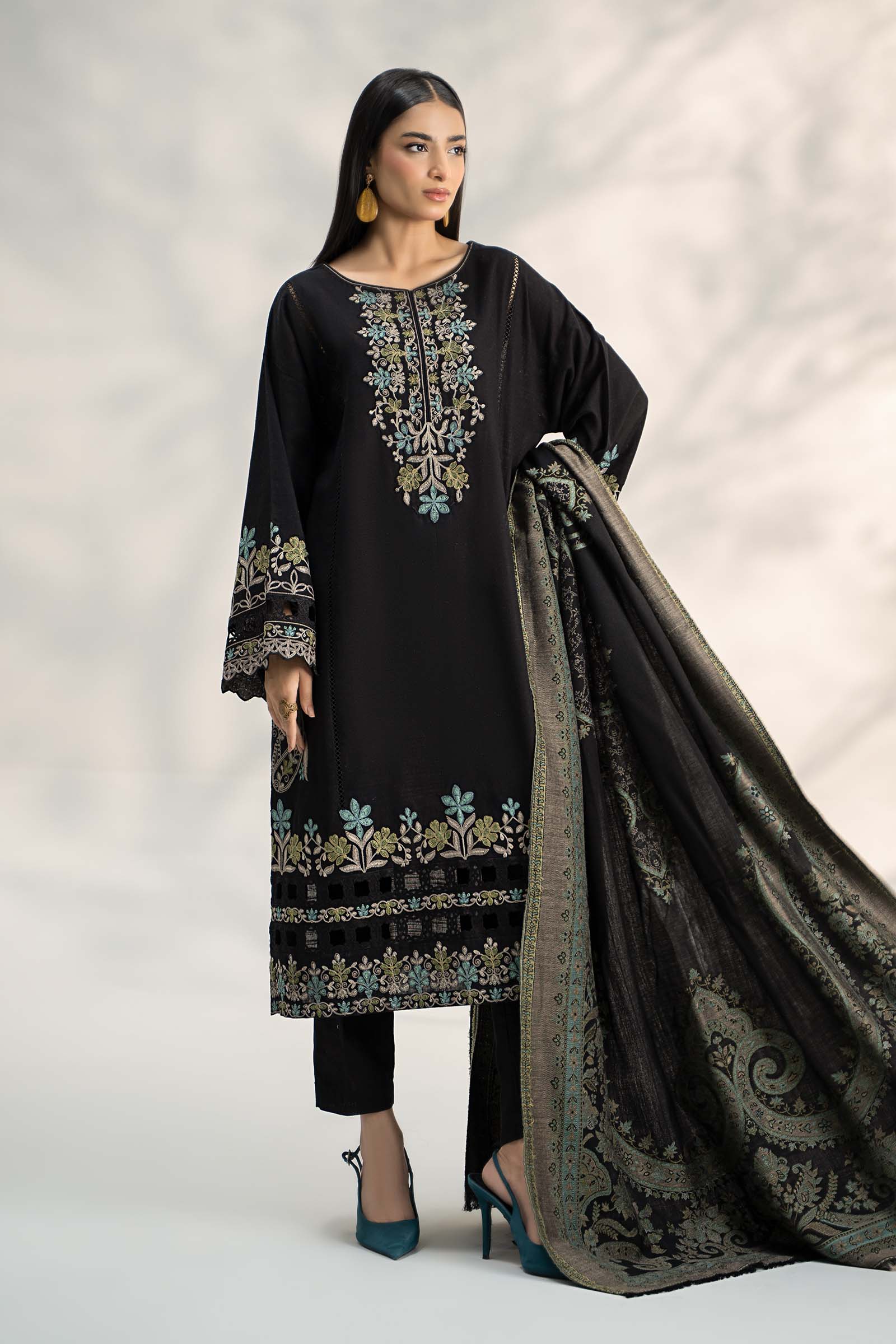 Pakistani Black Embroidered Slub Khaddar 3-Piece Suit - Image 1