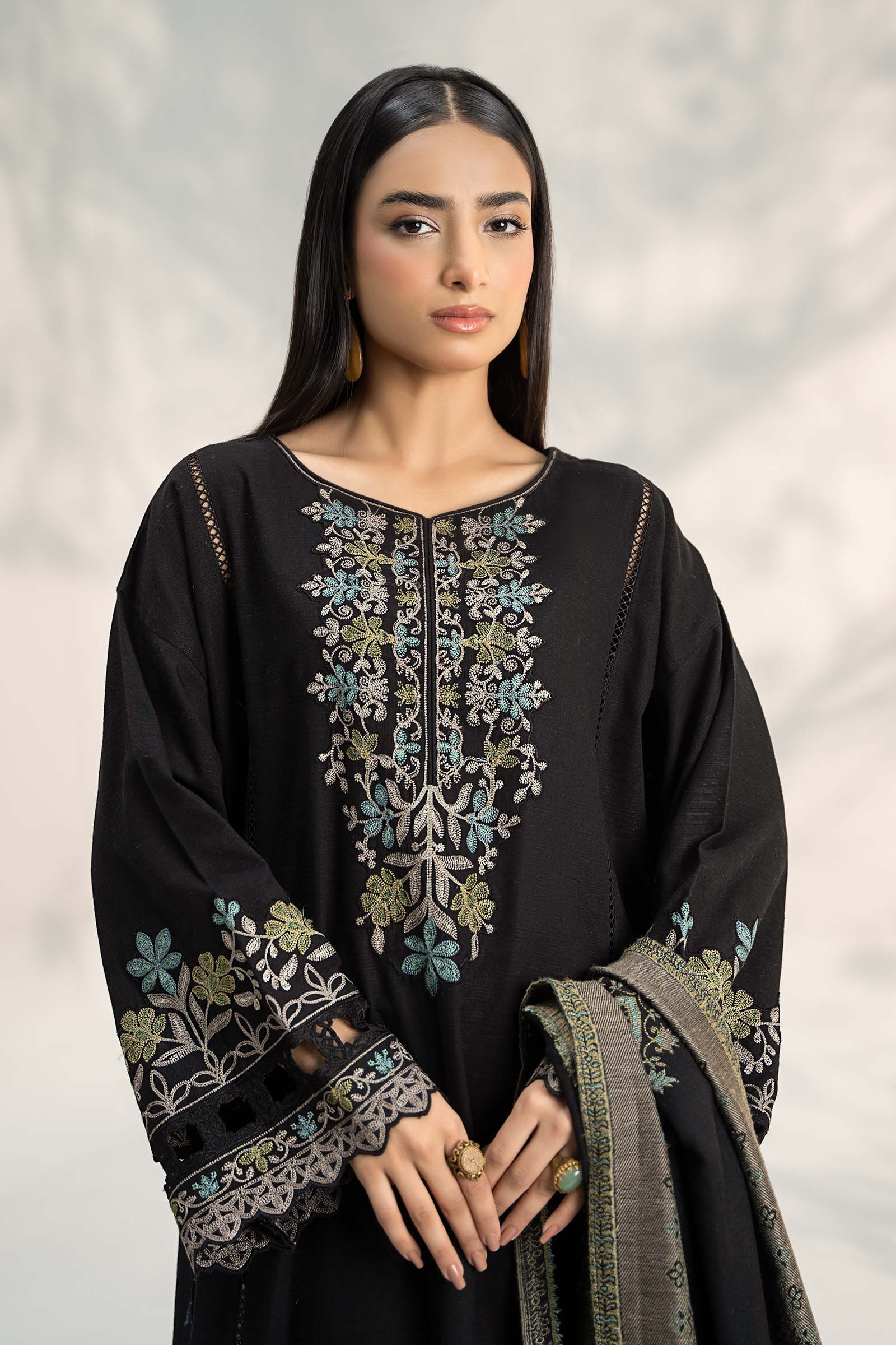 Pakistani Black Embroidered Slub Khaddar 3-Piece Suit - Image 2