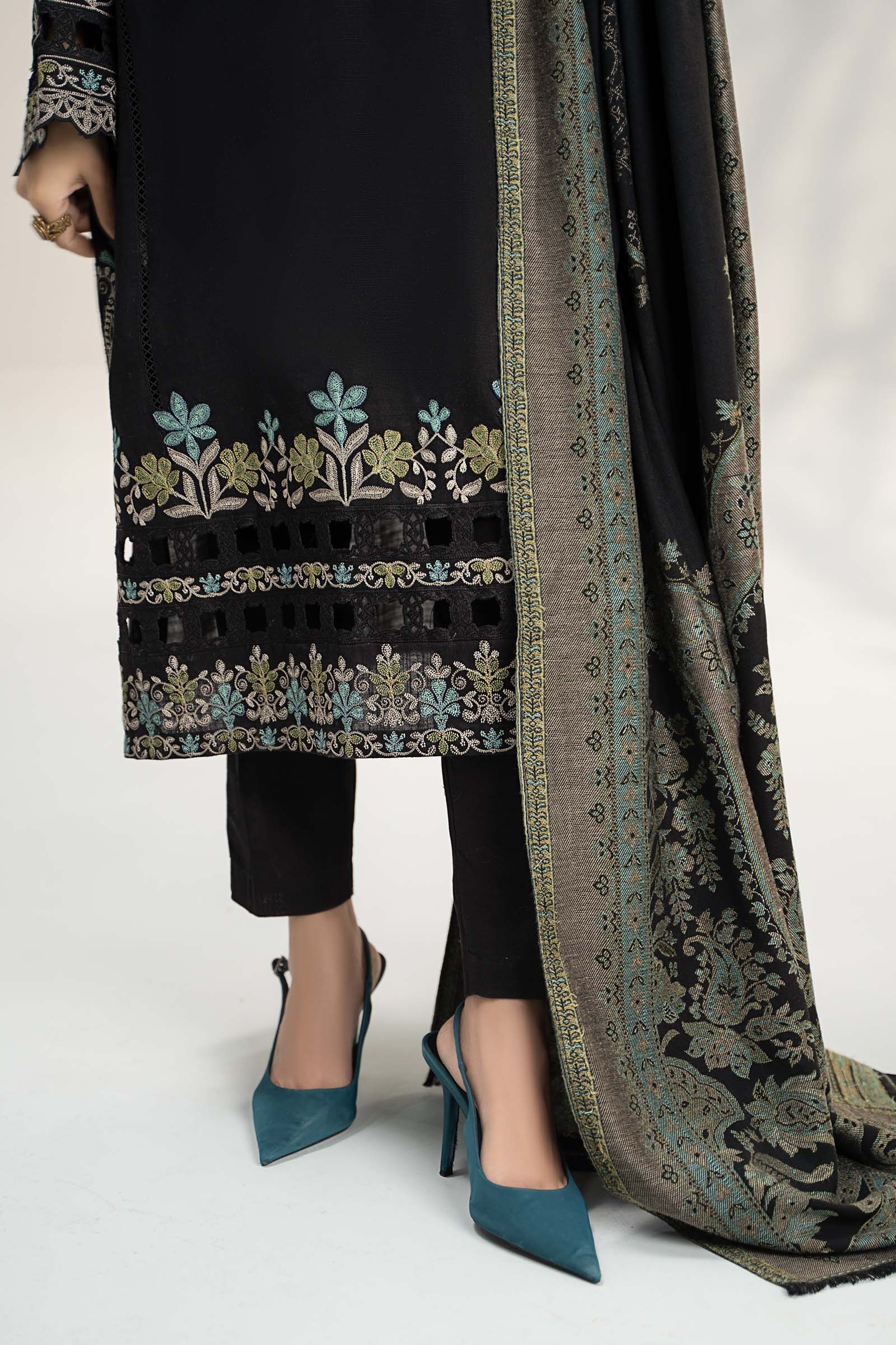 Pakistani Black Embroidered Slub Khaddar 3-Piece Suit - Image 3