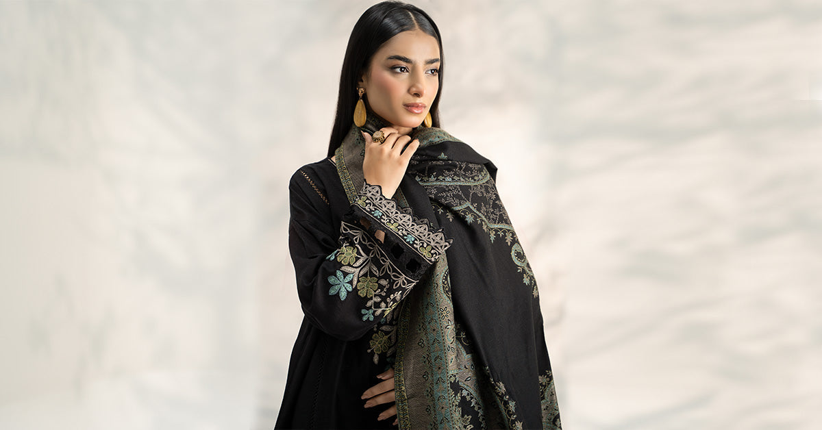Pakistani Black Embroidered Slub Khaddar 3-Piece Suit - Image 4