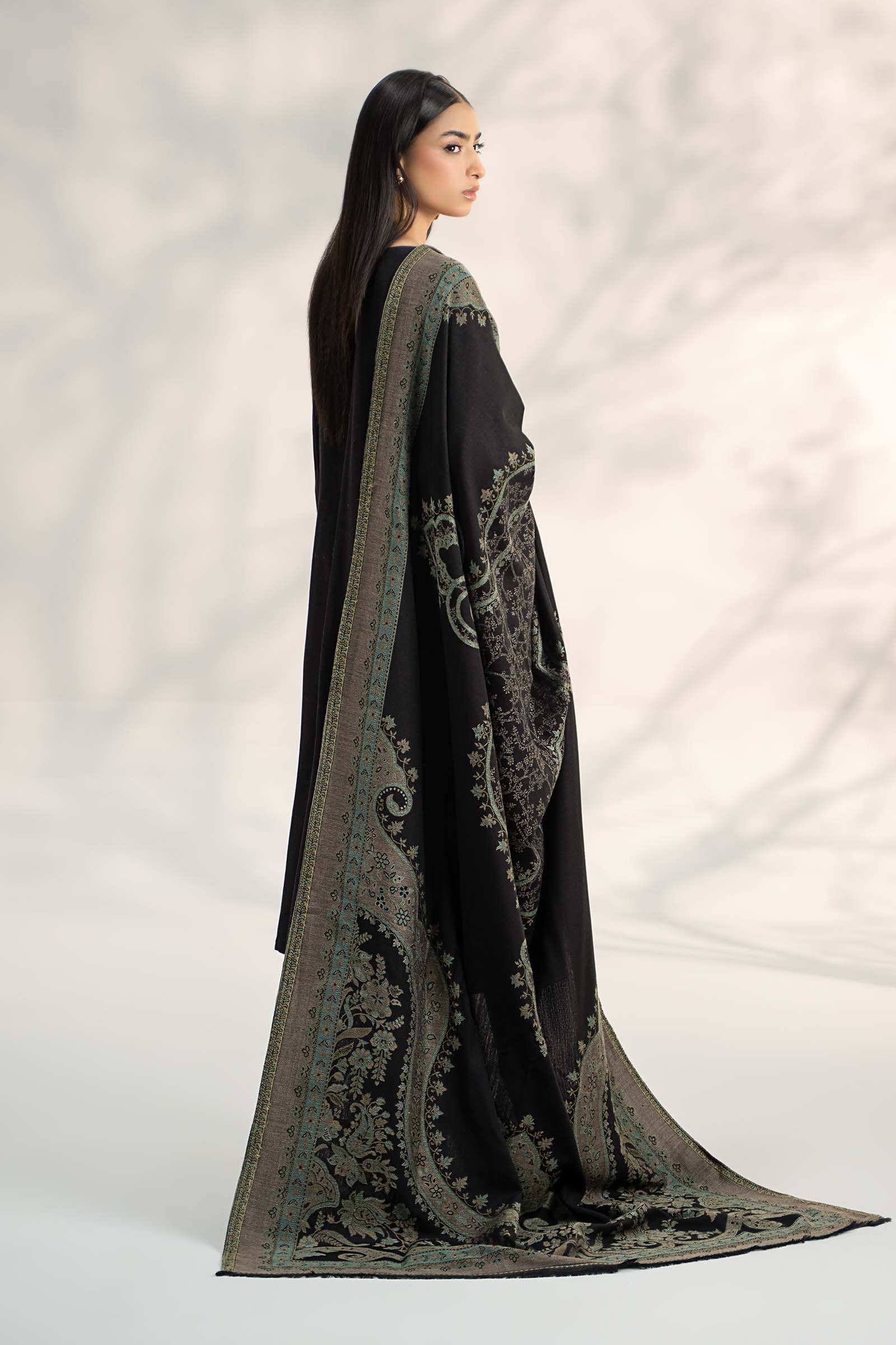 Pakistani Black Embroidered Slub Khaddar 3-Piece Suit - Image 5