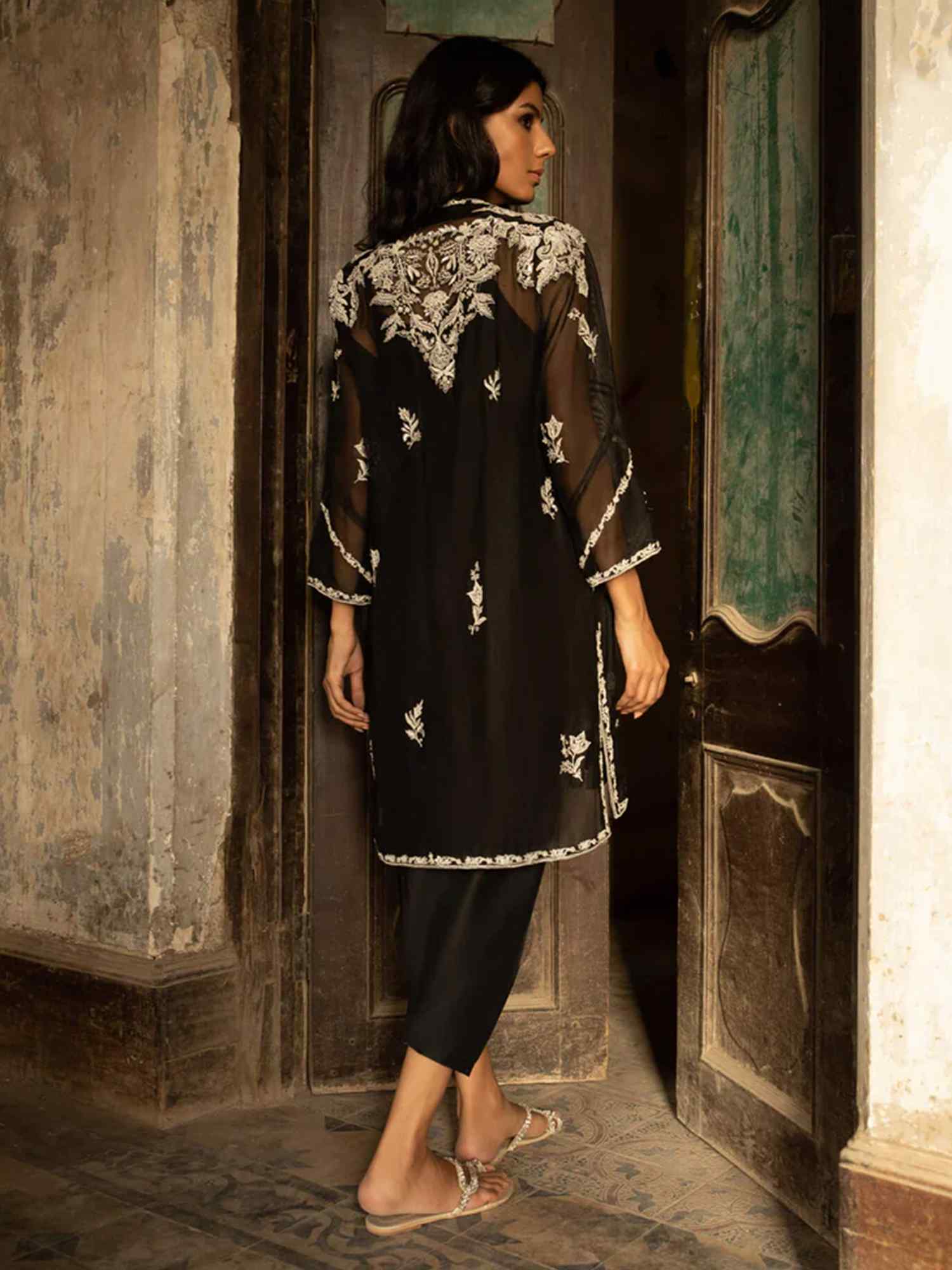 Black Embroidered Spun Net & Organza Kurta (2-Piece) - Image 2