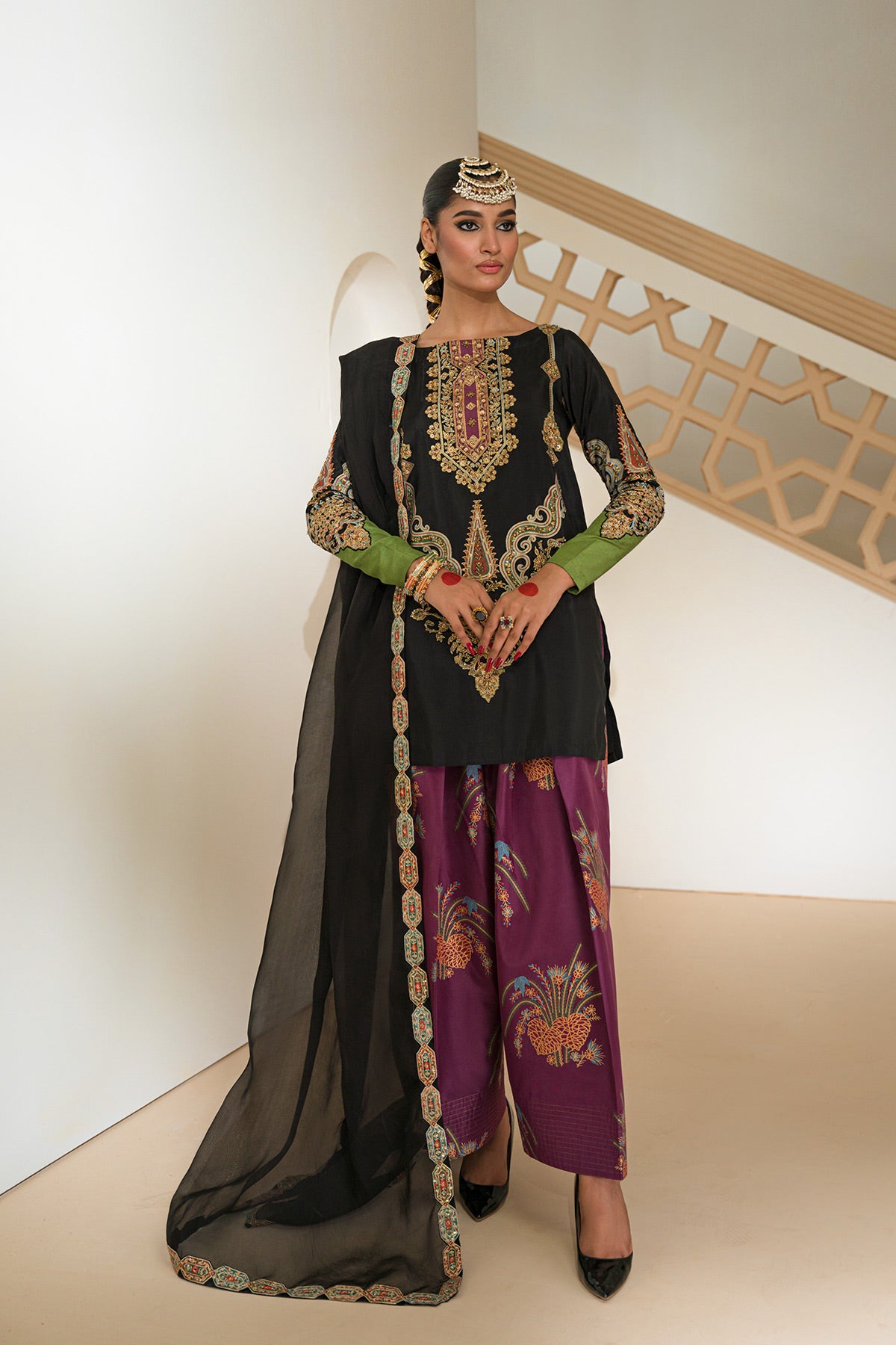 Black Embellished Taseel Silk Salwar Kameez (3-Piece) - Image 1