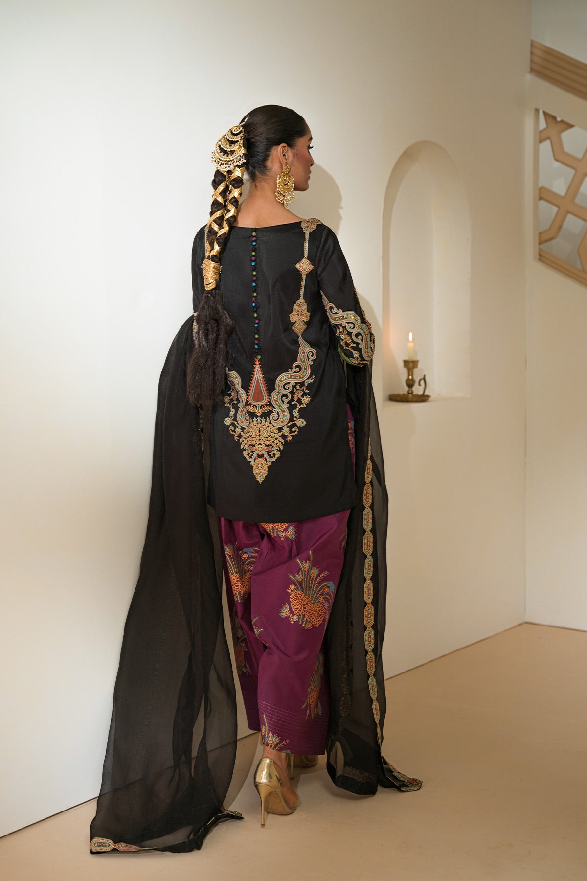 Black Embellished Taseel Silk Salwar Kameez (3-Piece) - Image 2