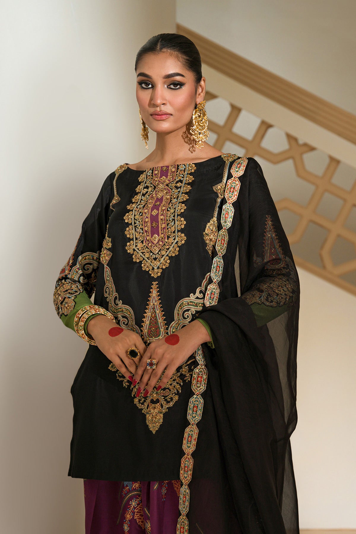 Black Embellished Taseel Silk Salwar Kameez (3-Piece) - Image 3