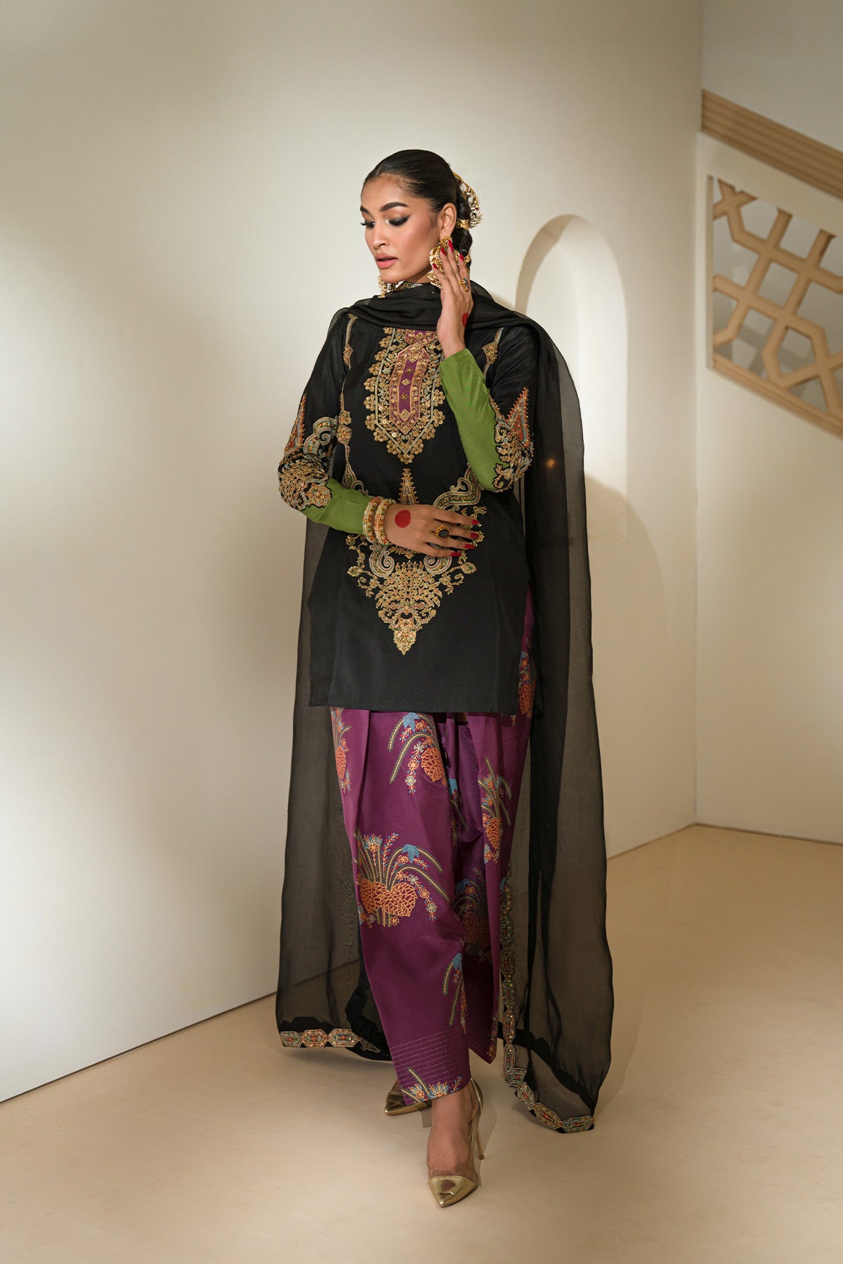 Black Embellished Taseel Silk Salwar Kameez (3-Piece) - Image 4