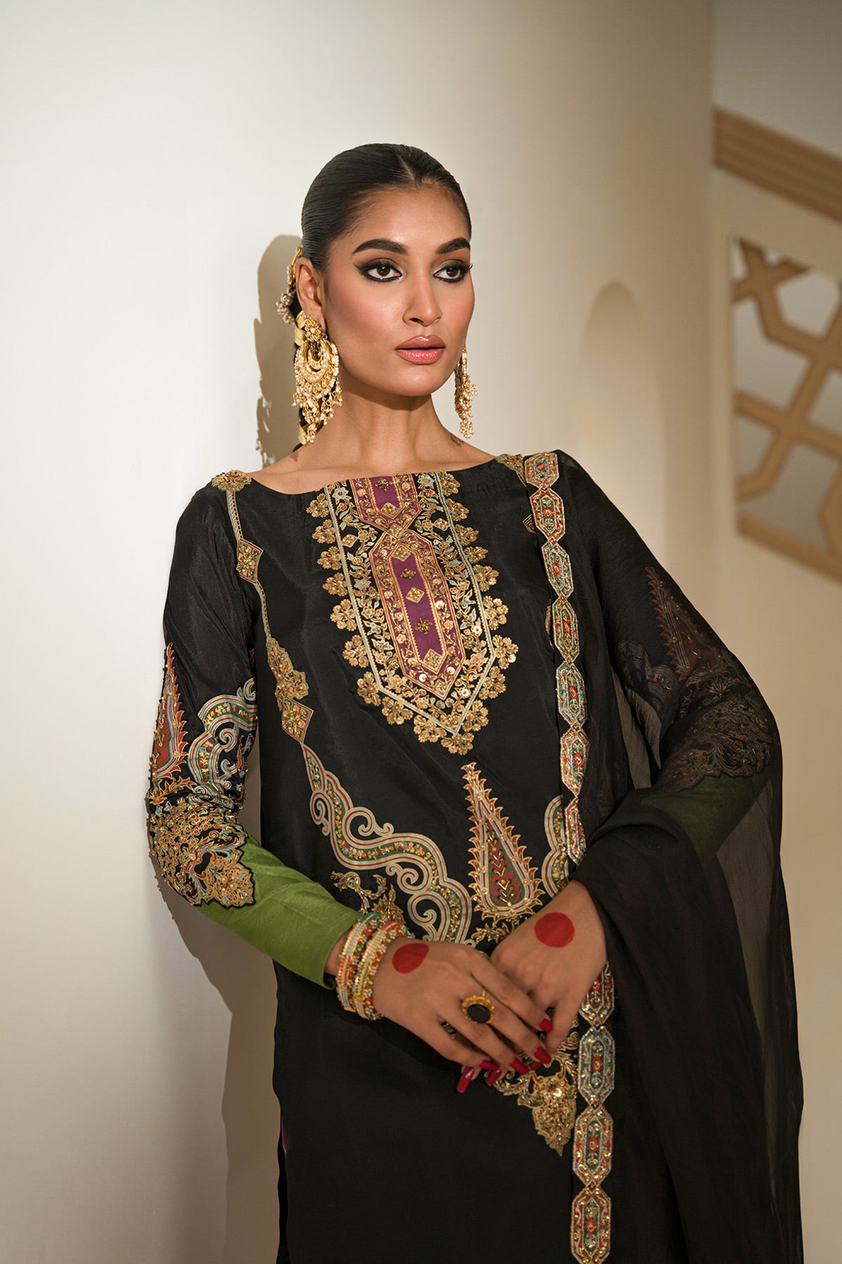 Black Embellished Taseel Silk Salwar Kameez (3-Piece) - Image 5