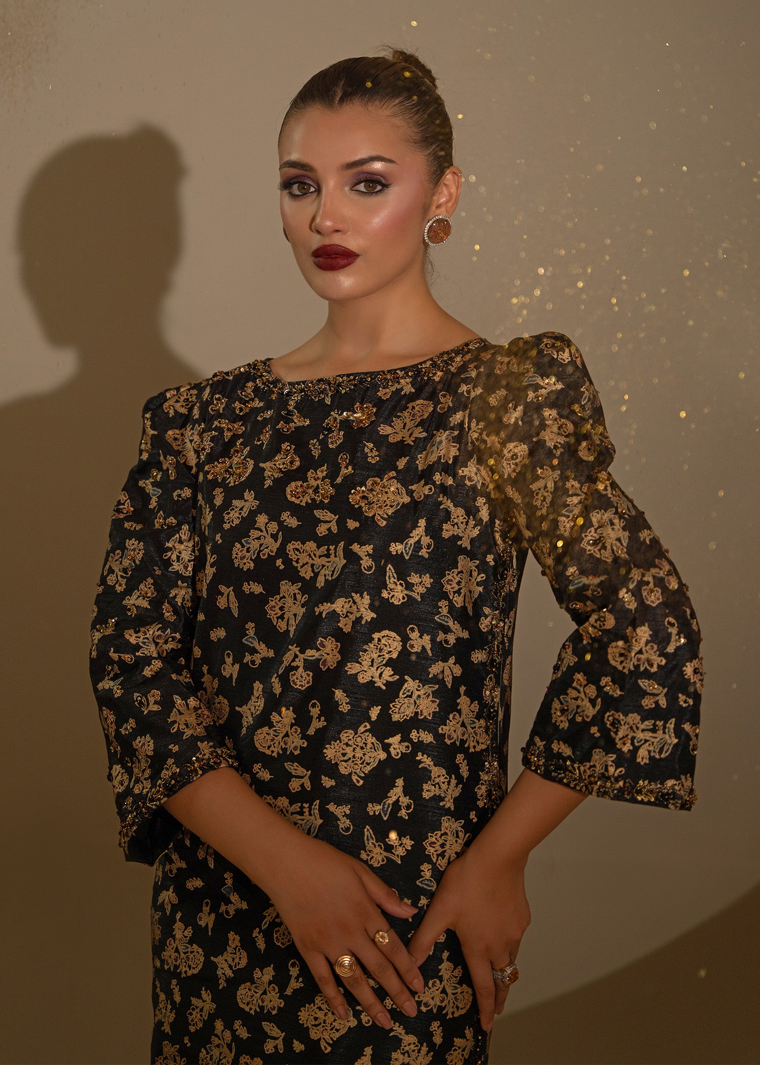 Black Screen-Printed Thai Silk Salwar Kameez (2-Piece) - Image 2