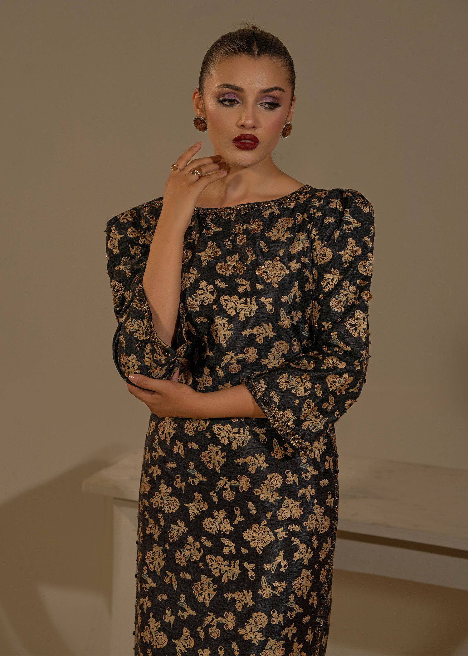 Black Screen-Printed Thai Silk Salwar Kameez (2-Piece) - Image 3