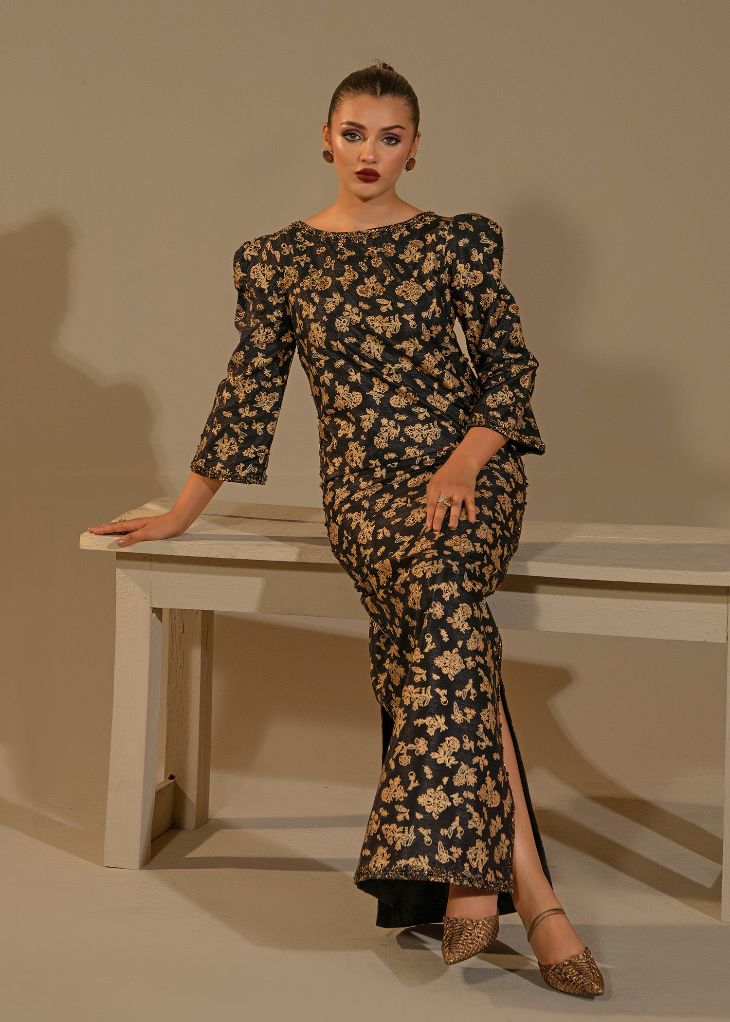 Black Screen-Printed Thai Silk Salwar Kameez (2-Piece) - Image 6