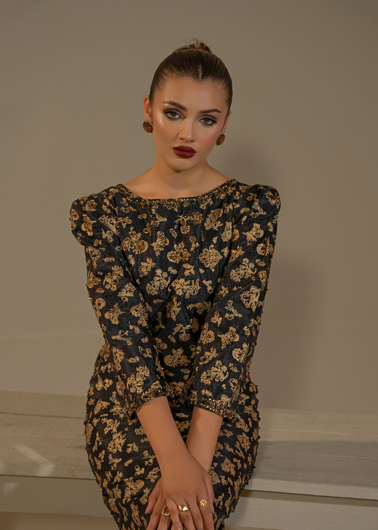 Black Screen-Printed Thai Silk Salwar Kameez (2-Piece) - Image 9