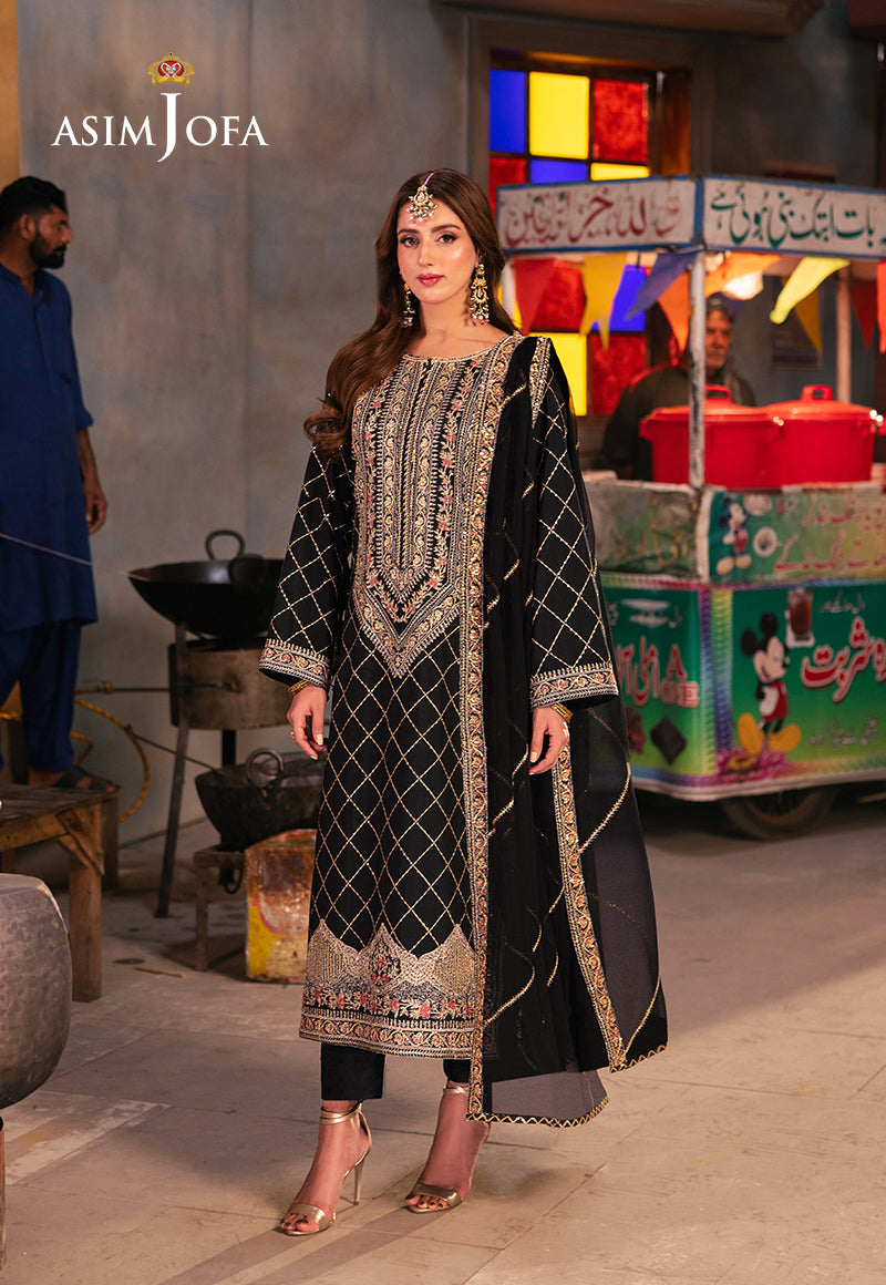 Pakistani Black Embroidered Twisted Silk 3-Piece Suit - Image 1