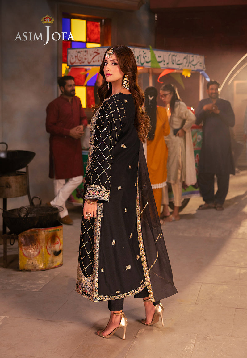 Pakistani Black Embroidered Twisted Silk 3-Piece Suit - Image 2