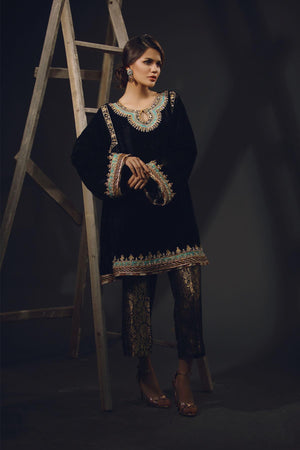 Pakistani Black Embroidered Velour Salwar Kameez (3-Piece) - Image 1