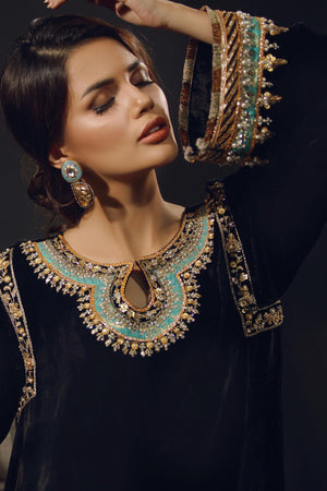 Pakistani Black Embroidered Velour Salwar Kameez (3-Piece) - Image 2