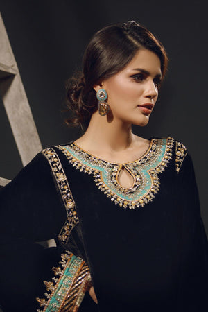 Pakistani Black Embroidered Velour Salwar Kameez (3-Piece) - Image 3