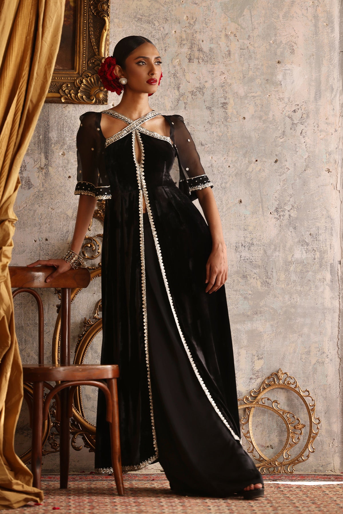 Pakistani Black Embellished Velvet Kameez with Silk Pleated Pants (2-Piece) - Image 1