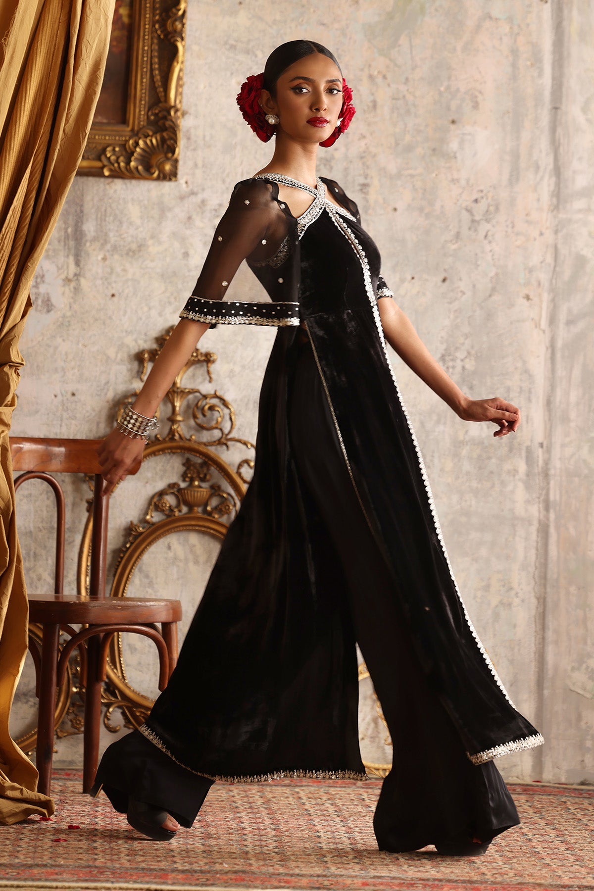Pakistani Black Embellished Velvet Kameez with Silk Pleated Pants (2-Piece) - Image 3
