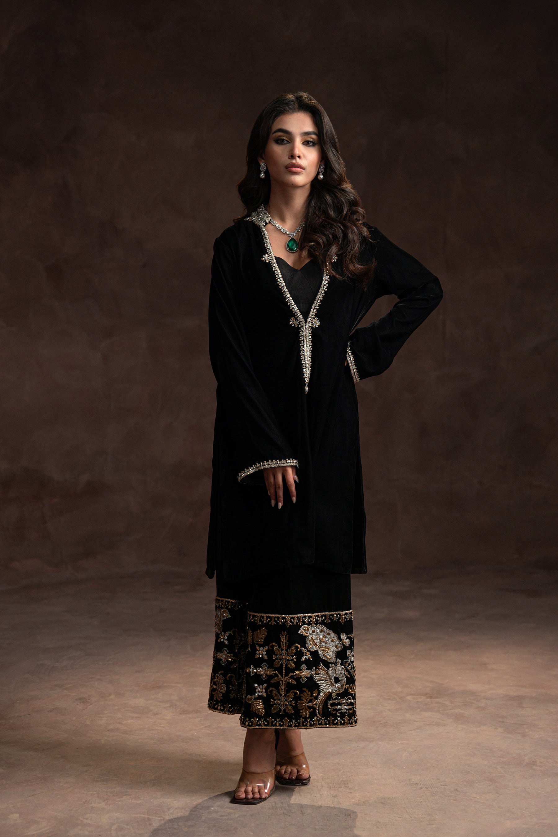 Black Crystal-Embellished Velvet Salwar Kameez (3-Piece) - Image 1