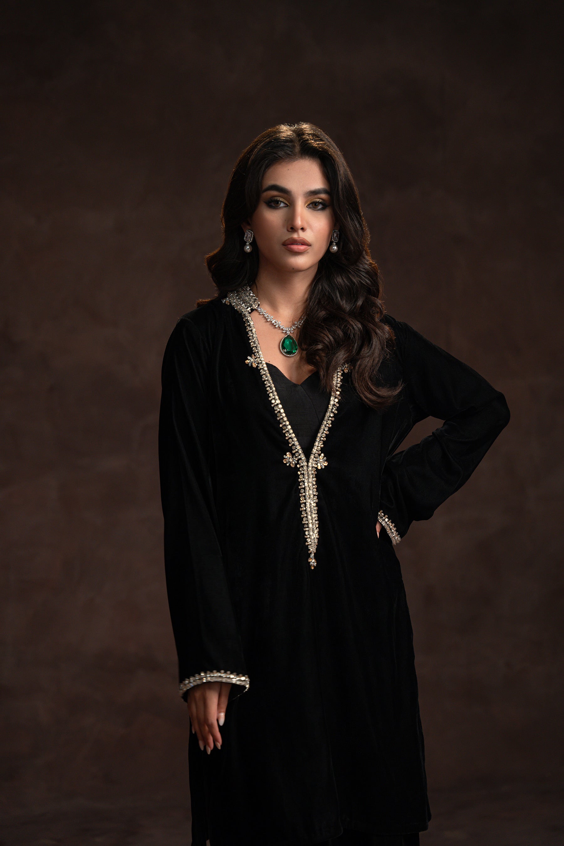Black Crystal-Embellished Velvet Salwar Kameez (3-Piece) - Image 3