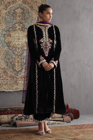 Black Embroidered Pure Velvet Salwar Kameez (3-Piece) - Image 2