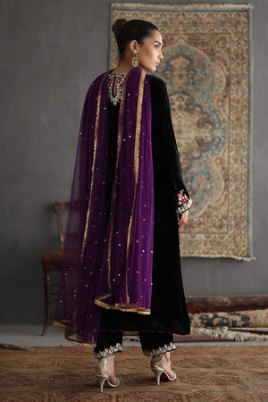 Black Embroidered Pure Velvet Salwar Kameez (3-Piece) - Image 3