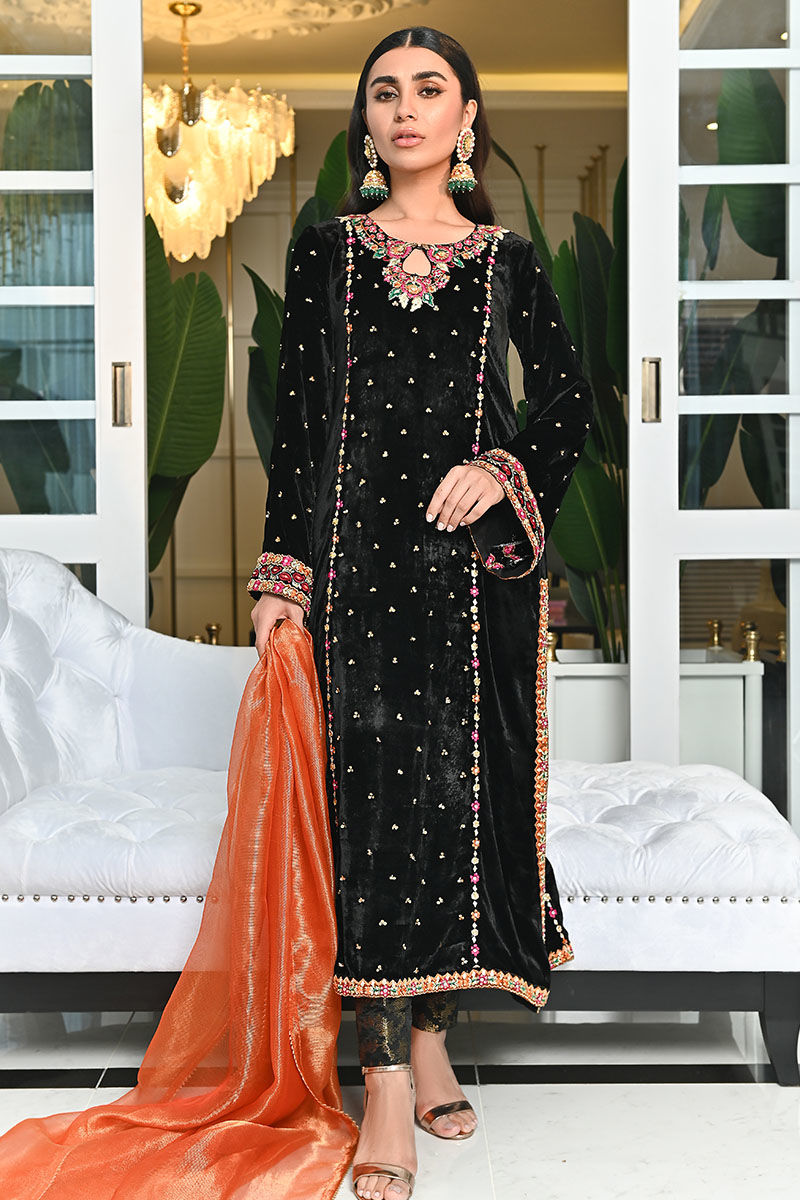 Pakistani Black Embroidered Velvet Salwar Kameez (3-Piece) - Image 1