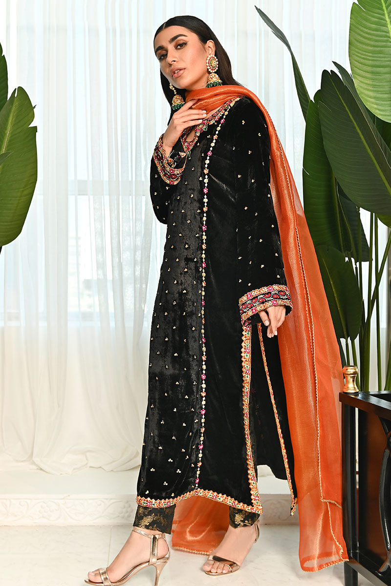 Pakistani Black Embroidered Velvet Salwar Kameez (3-Piece) - Image 3
