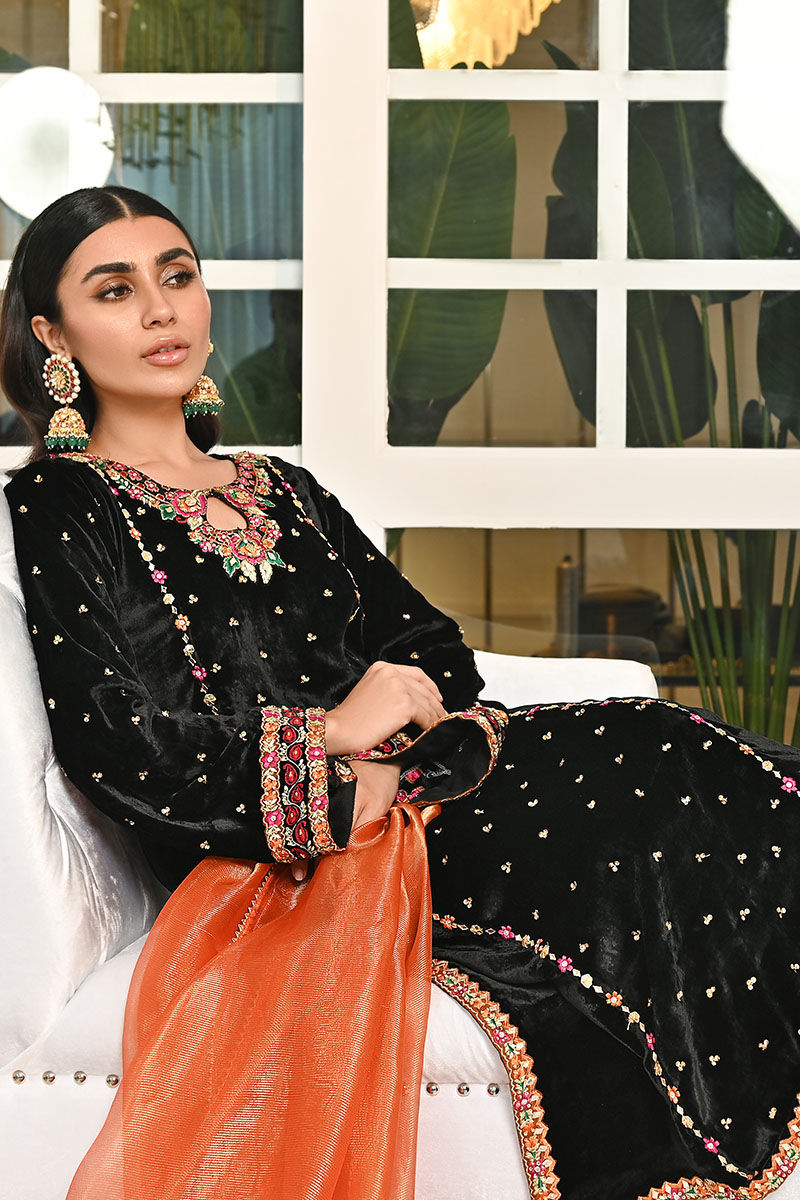 Pakistani Black Embroidered Velvet Salwar Kameez (3-Piece) - Image 5
