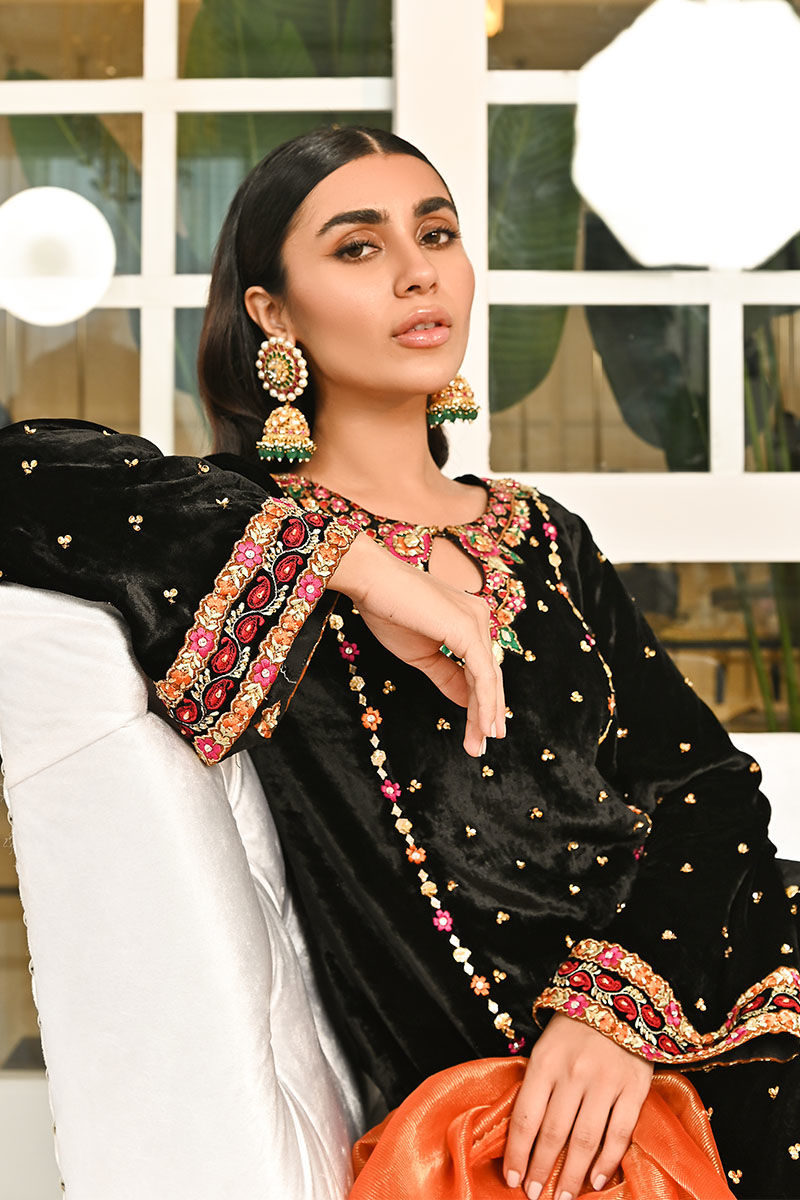 Pakistani Black Embroidered Velvet Salwar Kameez (3-Piece) - Image 6