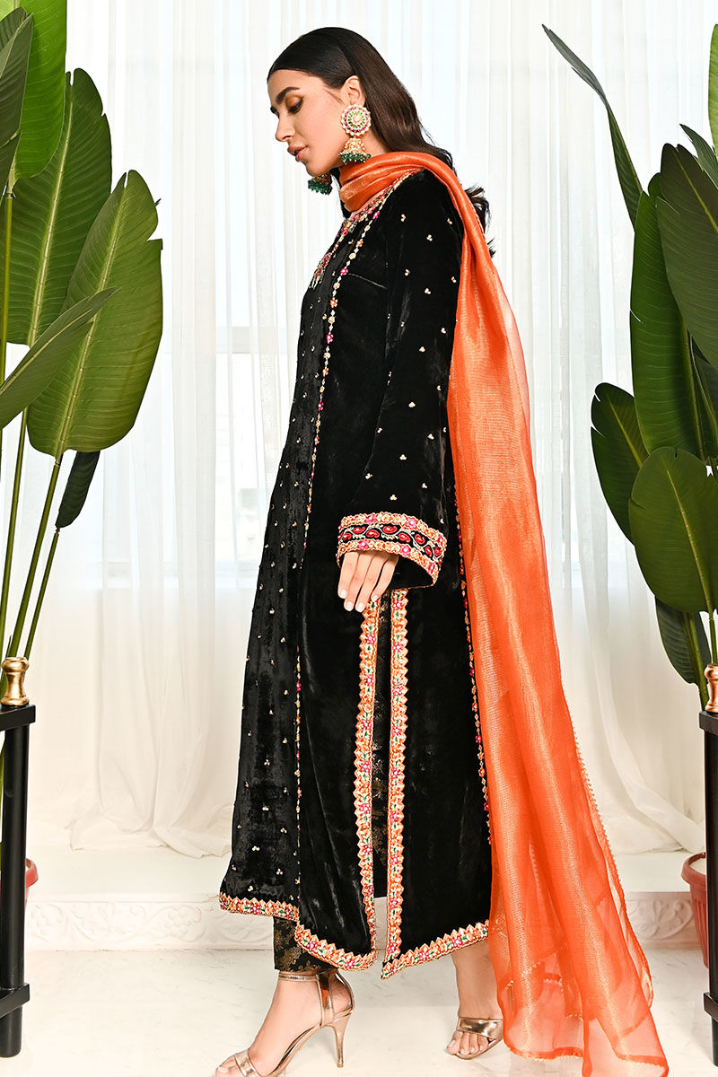 Pakistani Black Embroidered Velvet Salwar Kameez (3-Piece) - Image 7