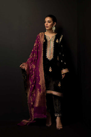 Black Hand Embroidered Velvet Salwar Kameez (3-Piece) - Image 1