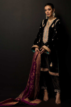 Black Hand Embroidered Velvet Salwar Kameez (3-Piece) - Image 2