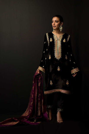 Black Hand Embroidered Velvet Salwar Kameez (3-Piece) - Image 3