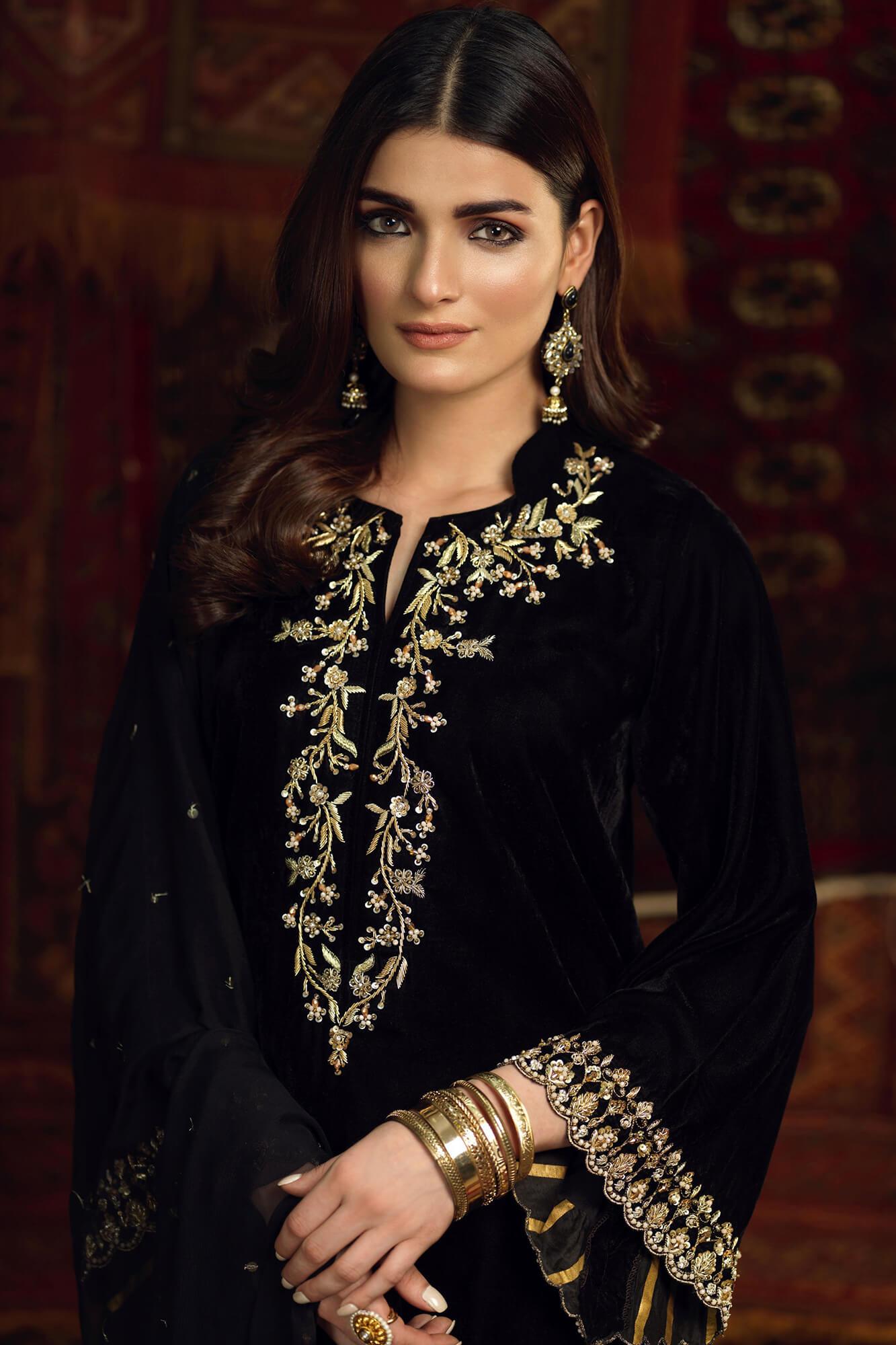 Black Embroidered Velvet Salwar Kameez (3-Piece) - Image 1