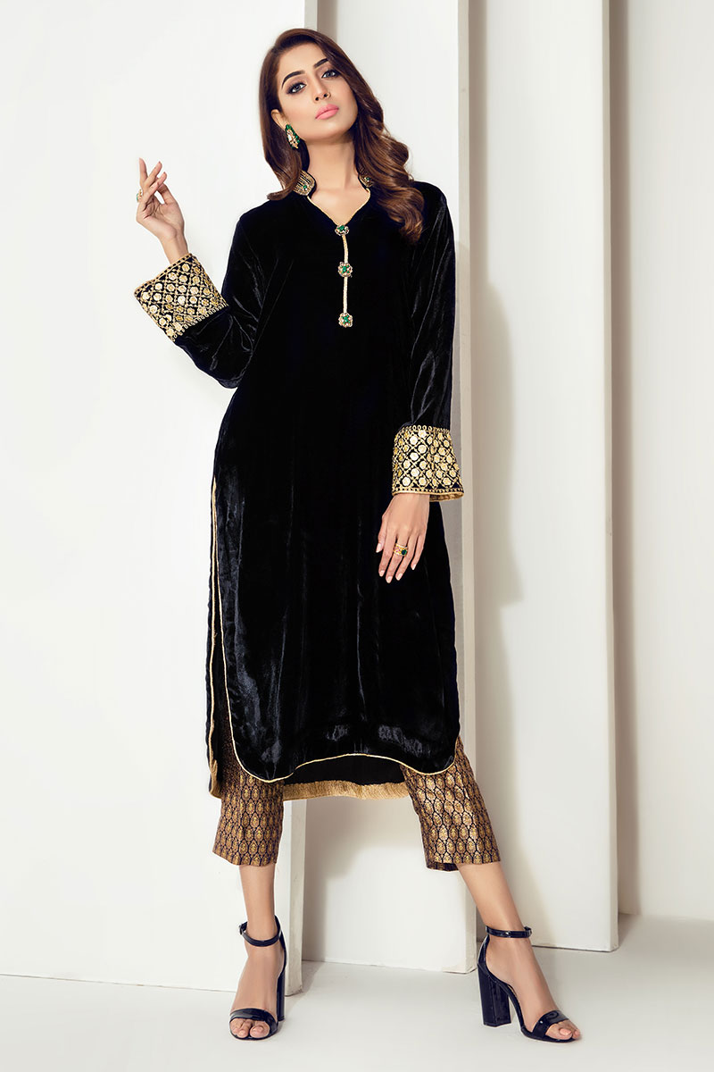 Black Embroidered Velvet Salwar Kameez (3-Piece) - Image 1