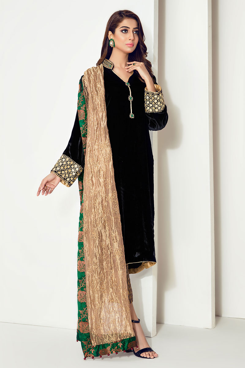 Black Embroidered Velvet Salwar Kameez (3-Piece) - Image 2