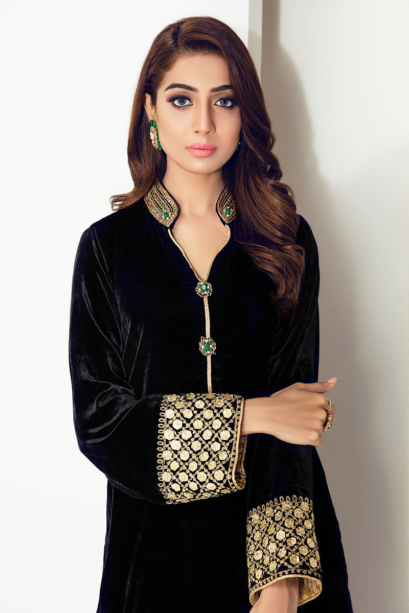 Black Embroidered Velvet Salwar Kameez (3-Piece) - Image 3