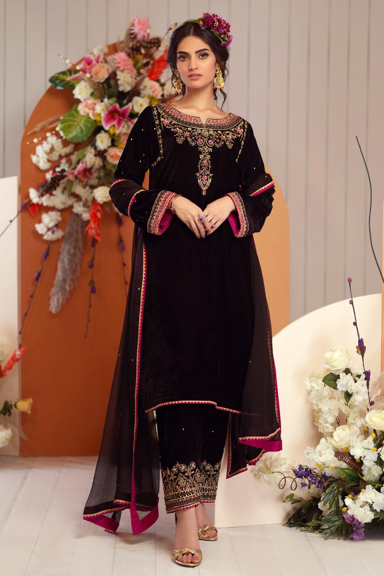 Pakistani Black Embroidered Velvet Salwar Kameez (3-Piece) - Image 2