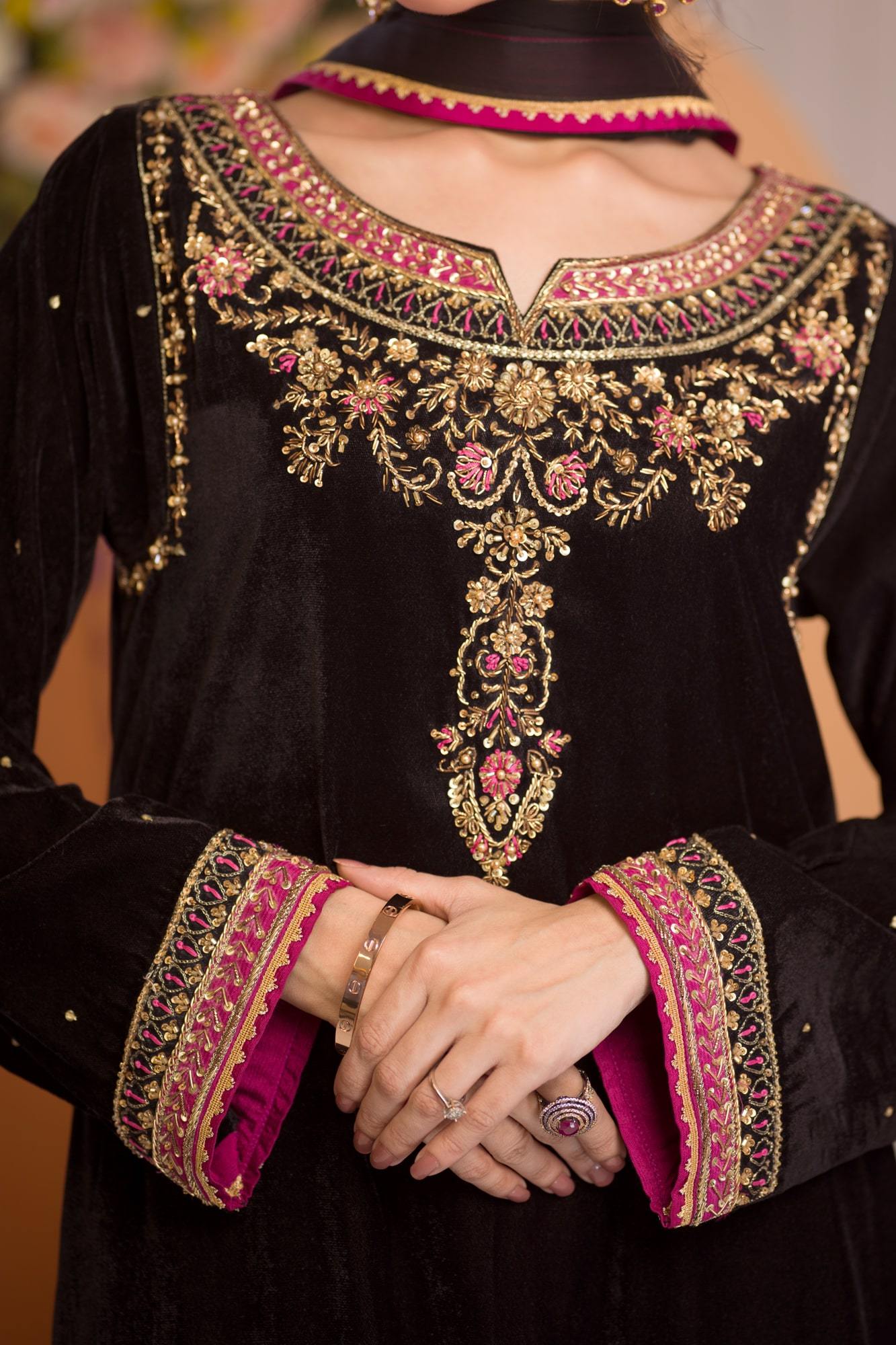 Pakistani Black Embroidered Velvet Salwar Kameez (3-Piece) - Image 5