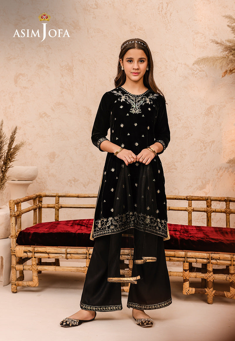 Pakistani Black Embroidered Velvet 3-Piece Salwar Kameez - Image 2